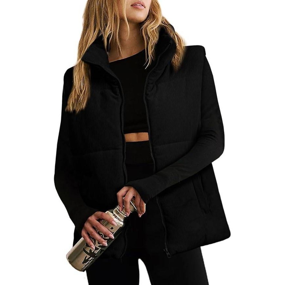 MSRP $26 EVALESS Women's M Black Corduroy Puffer Vest Lightweight Stand Collar